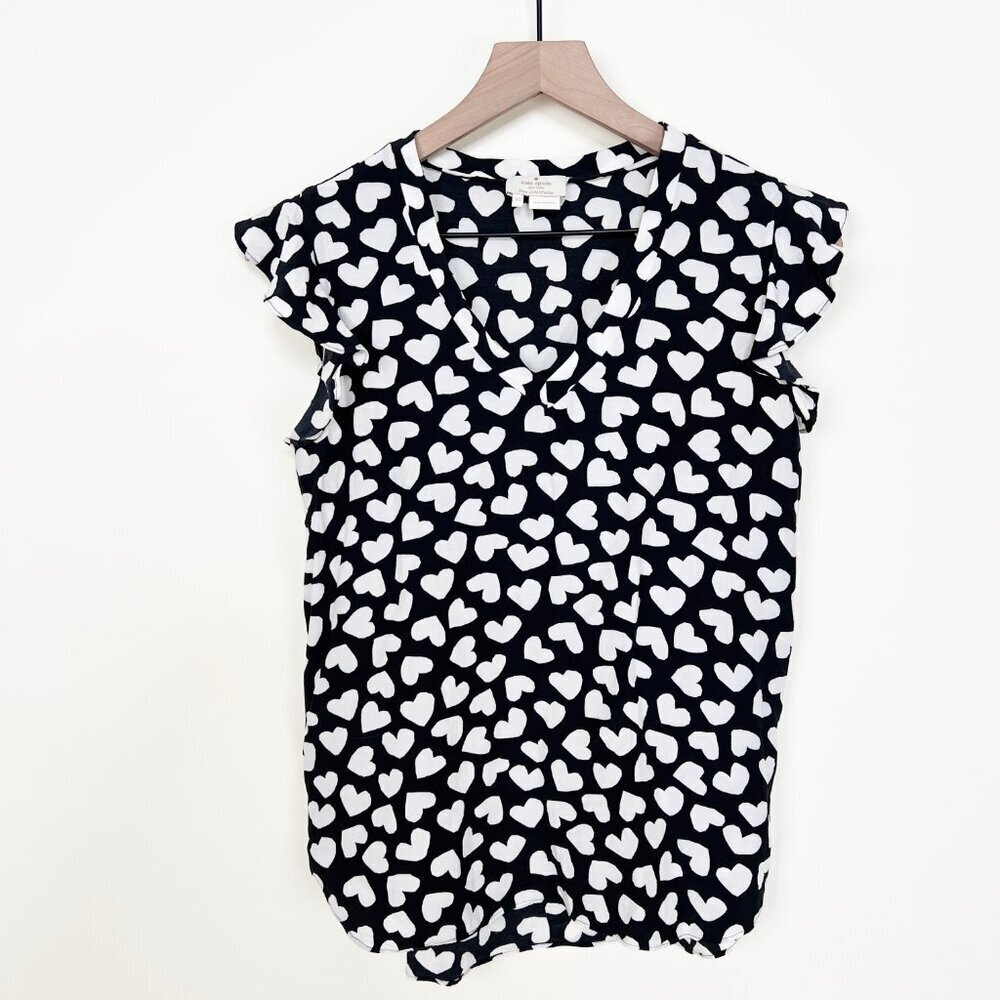 Kate Spade Silk Dancing Hearts Flutter Sleeve Top Ruffle Blouse Shirt Print Cute